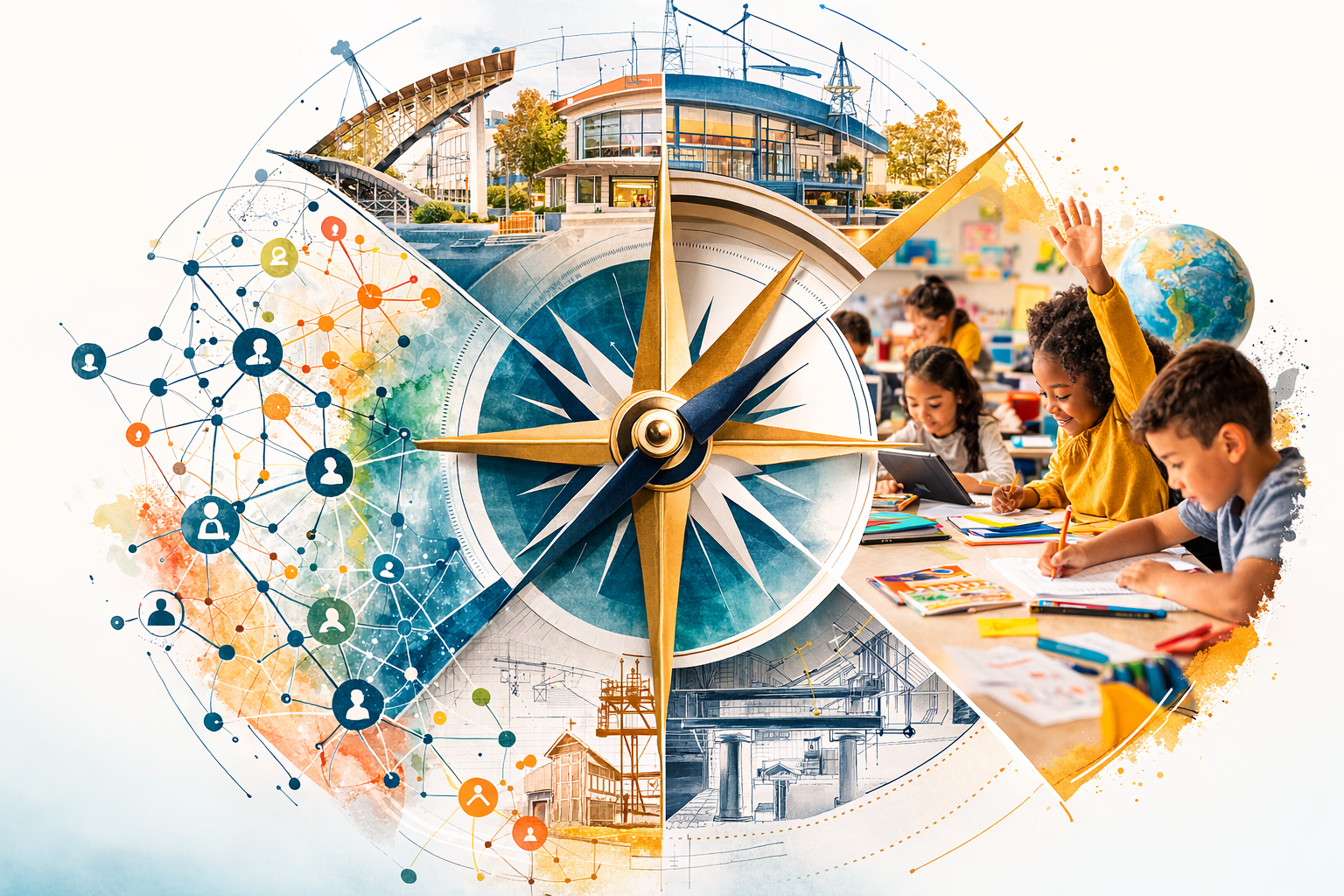 A compass surrounded by community networks, public buildings, construction drawings and a classroom.