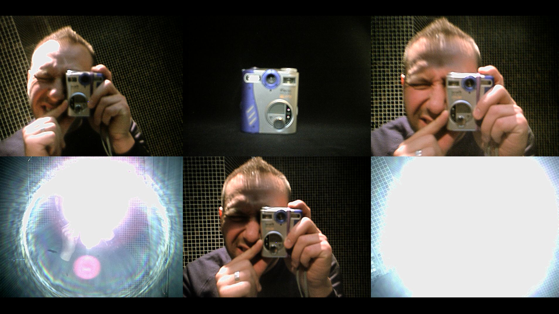 A six-frame collage of a person holding a Pretec DC530 camera, the camera alone, and overexposed light.