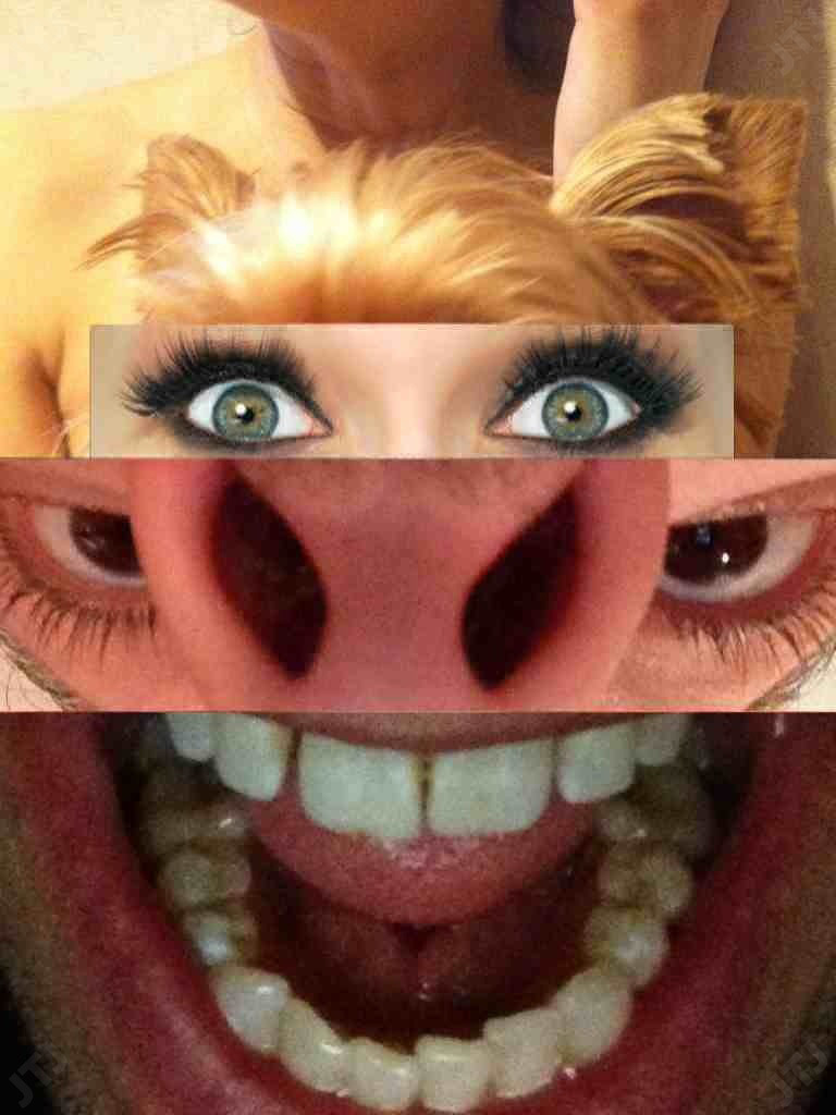 Composite portrait assembled from a torso, heavily made-up eyes, a large nose and a wide-open mouth.