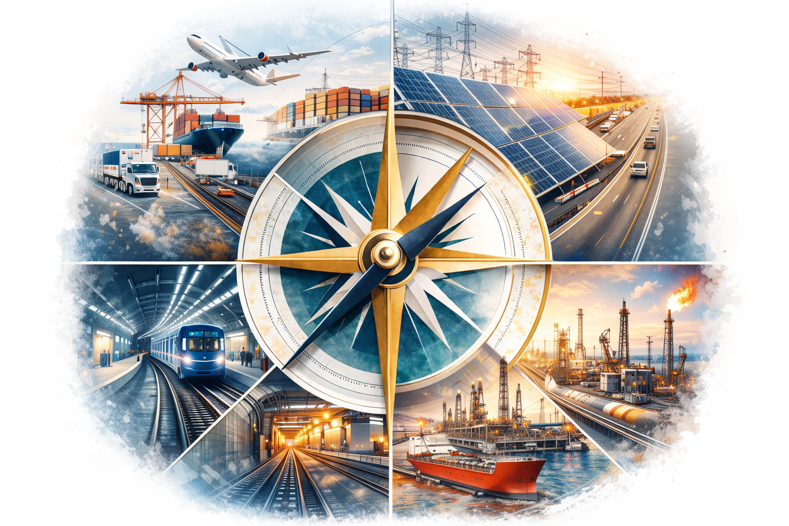 A compass surrounded by shipping, transit, energy and industrial infrastructure.